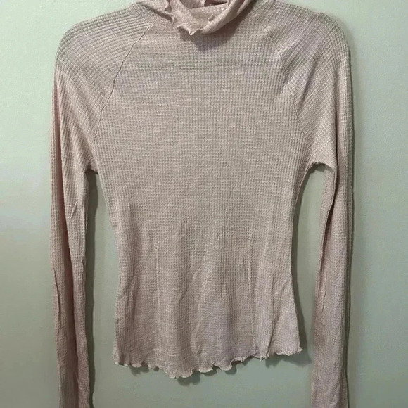 NWOT Free People Pink Skyline Thermal Ribbed Ruffle Trim Mock Neck Top S - Picture 4 of 7
